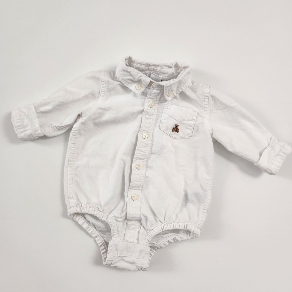 Baby Gap White Long Sleeve Button Down Bodysuit Teddy Bear Logo 6-12 Months